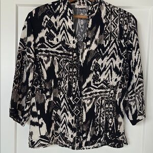 Tianello Black and White Graphic Blouse with Mandarin Collar